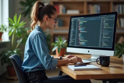 Femme en denim code sur un ordinateur dans un bureau moderne