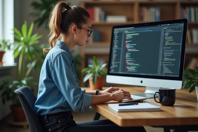 Femme en denim code sur un ordinateur dans un bureau moderne