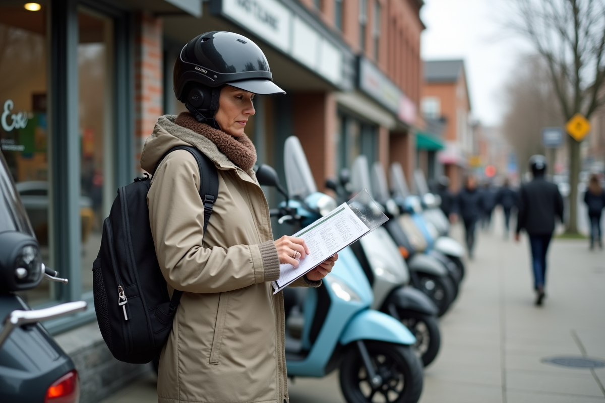 Femme vérifiant prix de scooters devant concession