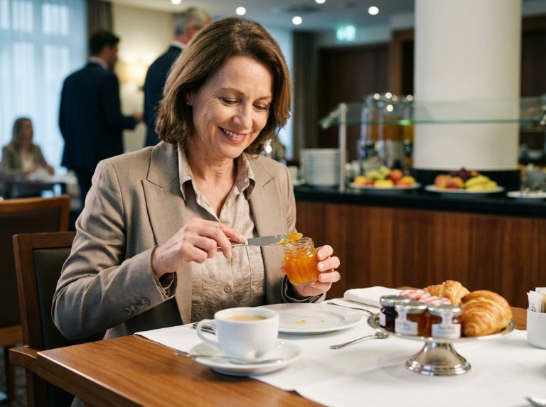Femme habillee delicatement tartinant de la confiture d'abricot sur un croissant au petit déjeuner