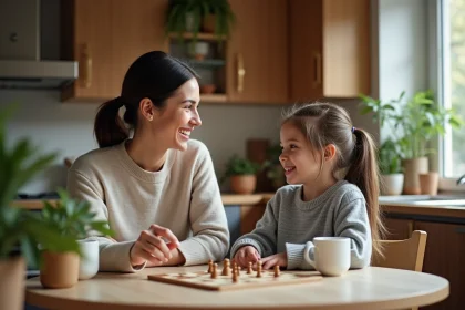 Femme et enfant jouant à un jeu de société dans la cuisine