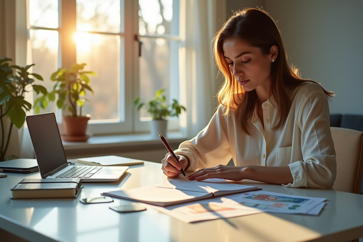 Femme remplissant un formulaire avec un livret A et des billets euro à la maison