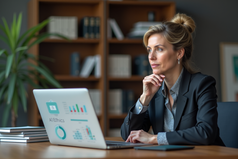 Femme réfléchie en bureau avec graphique sur l'IA éthique