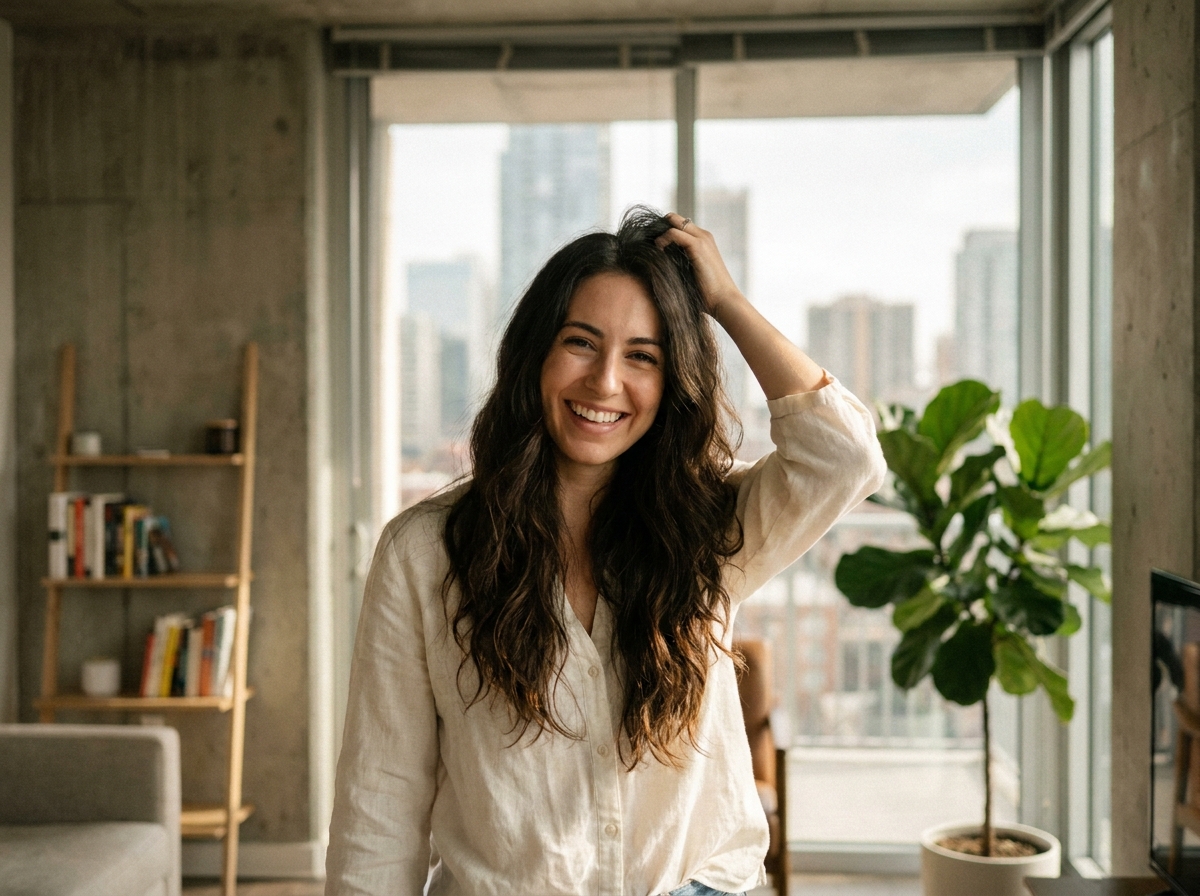 Femme aux longs cheveux avec extensions naturelles posant dans un appartement moderne et lumineux