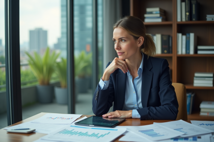 Femme d'âge moyen en blazer navy dans un bureau moderne