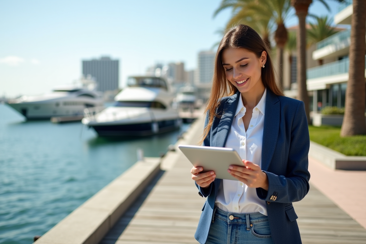 Jeune femme avec tablette sur un quai en marina
