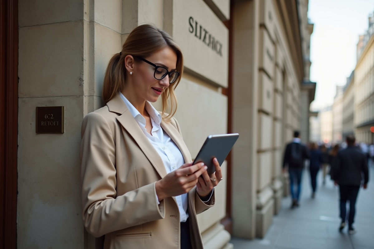 Jeune femme d affaires regardant une tablette dans un bâtiment parisien