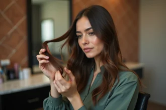 Femme dans un salon de coiffure examinant les fourches et la casse de ses cheveux longs bruns
