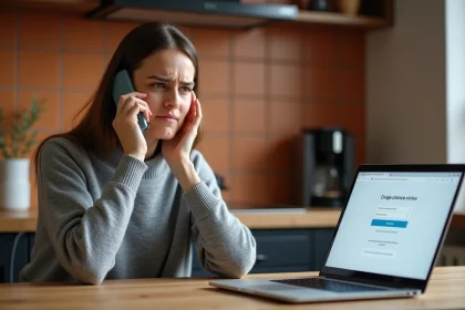 Femme frustrée au téléphone attendant une réponse du service client Sosh dans une cuisine moderne
