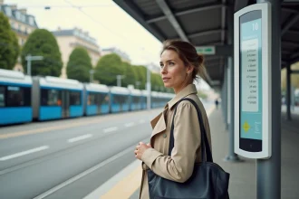 Femme consultant les horaires du tramway T3B sur un panneau d'information à l'arrêt de tram à Paris