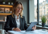 Femme d'affaires examine plans d'appartement modernes