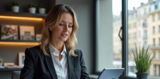 Femme d'affaires examine plans d'appartement modernes