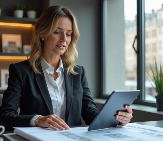 Femme d'affaires examine plans d'appartement modernes