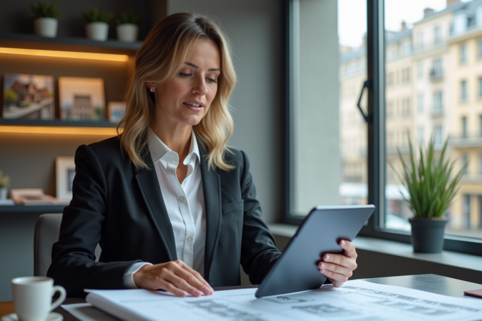 femme-immobilier-aperu Femme d'affaires examine plans d'appartement modernes