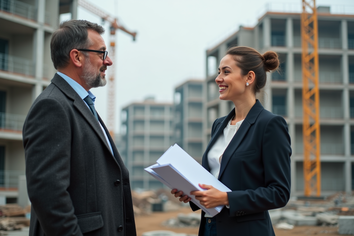 Jeune femme avec documents immobilier sur un site de construction