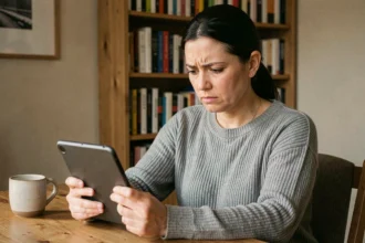 Femme inquiète lisant un ebook sur une liseuse numérique, questionnant la légalité d'un site de téléchargement