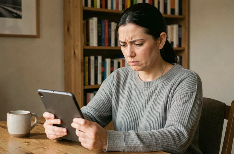 Femme inquiète lisant un ebook sur une liseuse numérique, questionnant la légalité d'un site de téléchargement