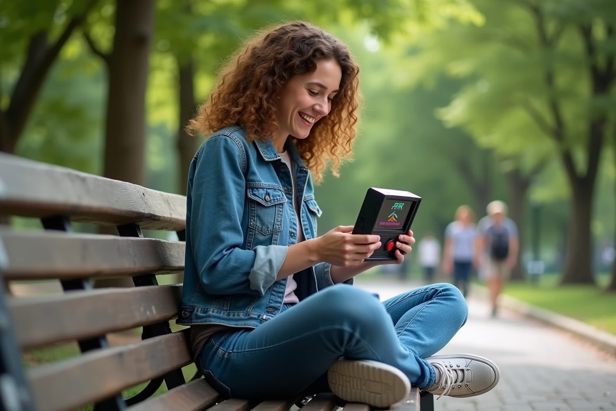 Femme jouant à un jeu portable dans un parc en plein air