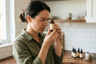Femme lisant attentivement l'étiquette d'un flacon d'e-liquide dans une cuisine moderne, illustrant la sécurité et la bonne utilisation des e-liquides