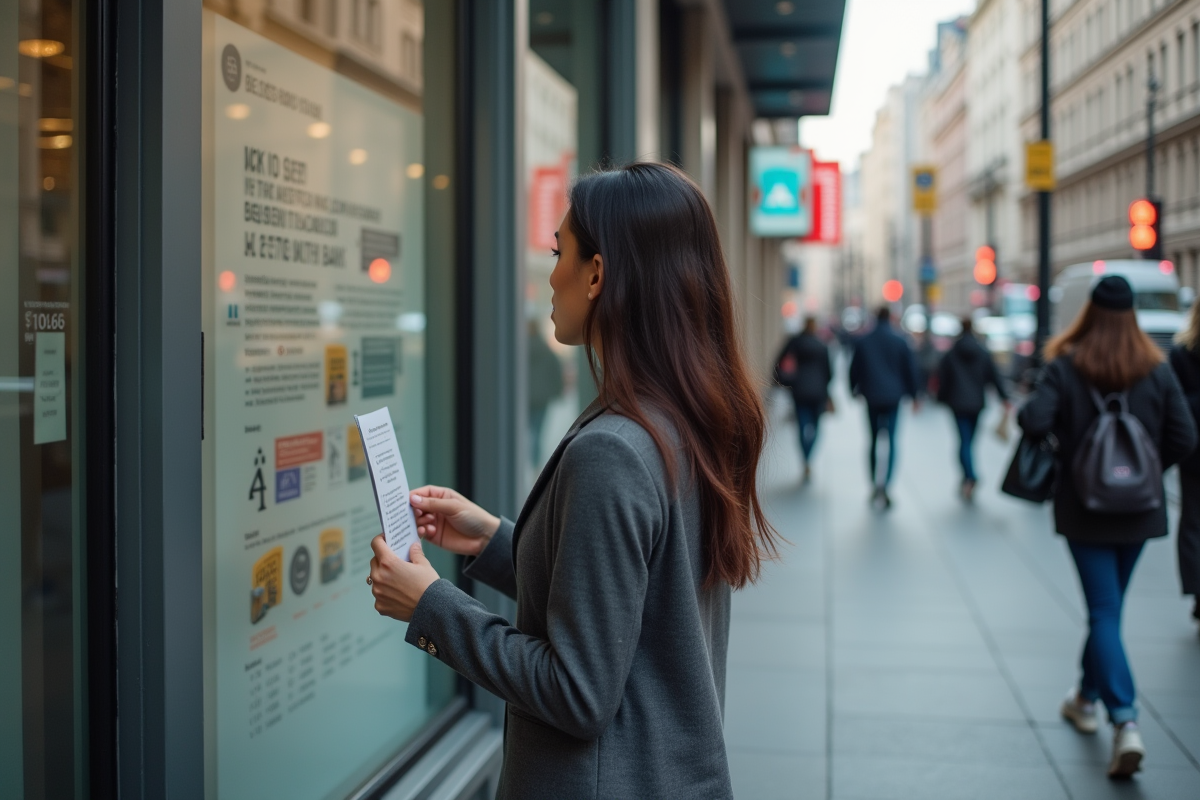 Jeune femme lisant une affiche sur la politique monétaire