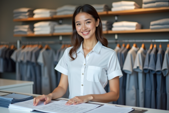 Femme souriante en blouse médicale blanche examine des échantillons de tissu