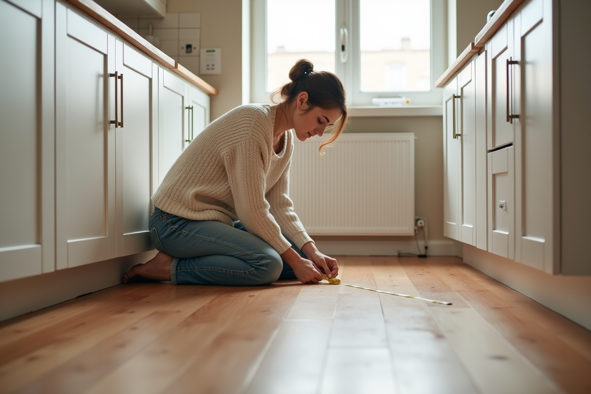 Jeune femme mesurant un espace de cuisine rénovée