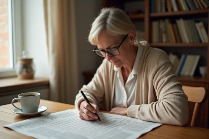 Femme résolvant des mots fléchés dans un journal français avec un stylo, assise à une table en bois dans une cuisine chaleureuse