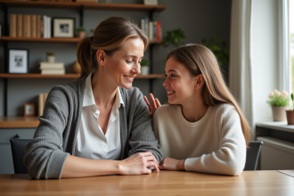 Femme mère et fille dans un intérieur lumineux et chaleureux