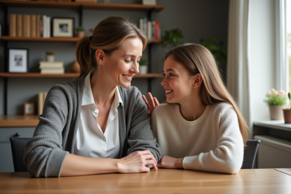 Femme mère et fille dans un intérieur lumineux et chaleureux