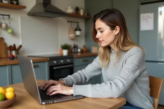 Femme assise à la cuisine utilisant un ordinateur portable