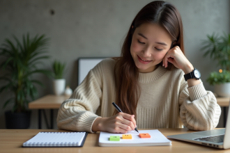 Jeune femme arrangeant des notes colorées sur un bureau moderne