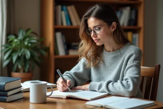 Femme écrivant dans un cahier pour apprendre les règles d'orthographe françaises comme faire partie ou parti