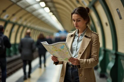 Femme consultant un plan du métro parisien sur un quai de station, illustrant les zones tarifaires 1 à 3 du réseau Île-de-France Mobilités