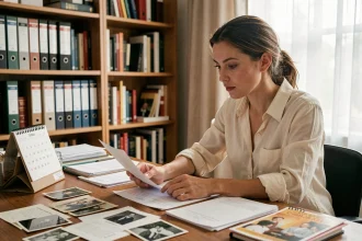 Femme consultant des documents et un calendrier vintage pour rechercher une date de naissance