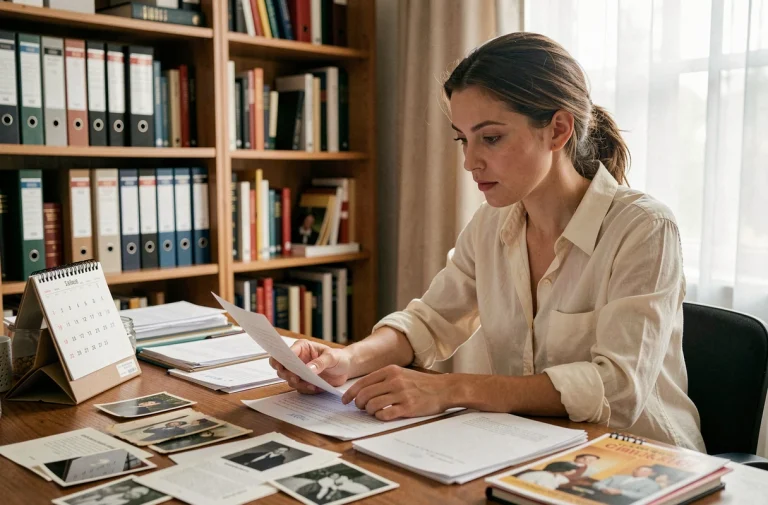Femme consultant des documents et un calendrier vintage pour rechercher une date de naissance