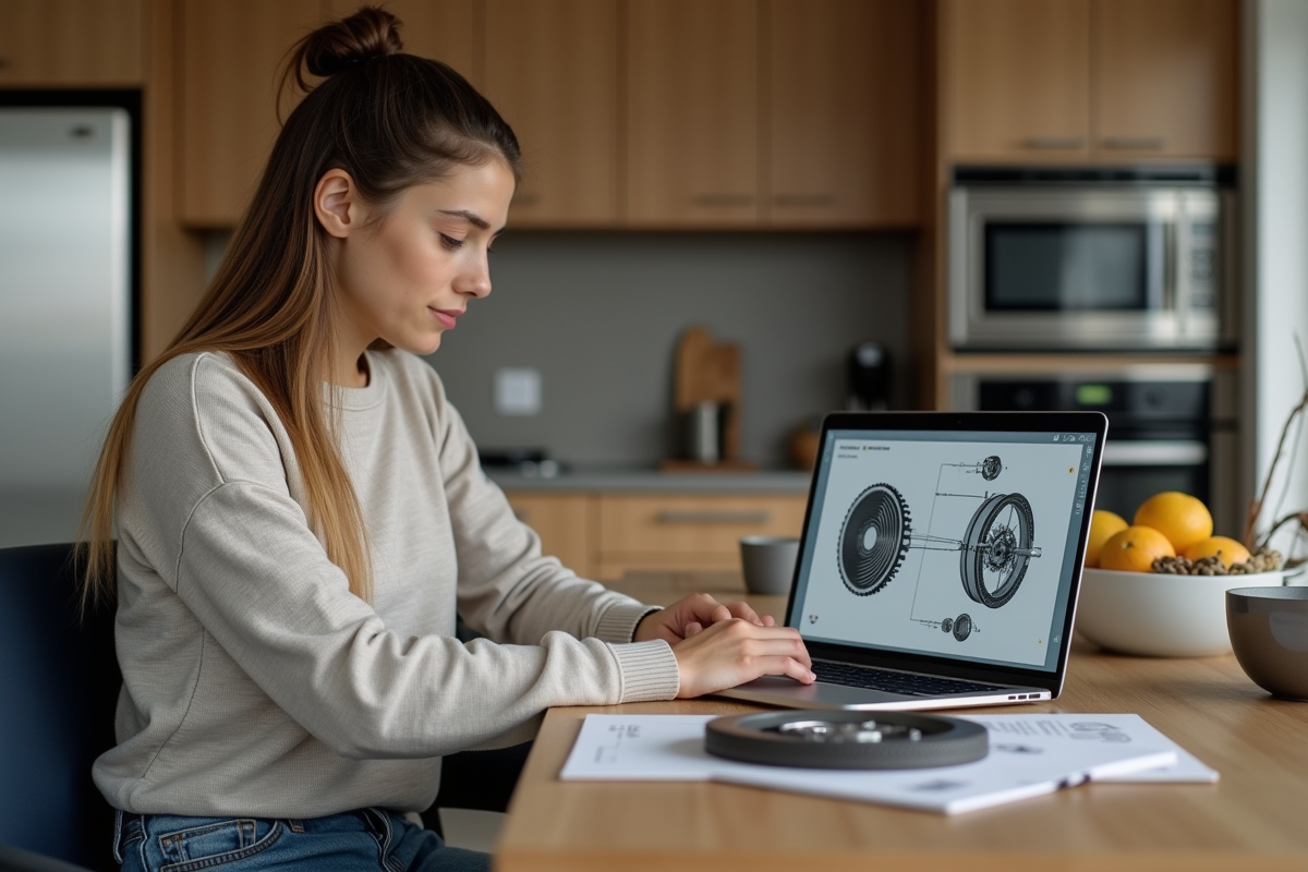 Jeune femme lisant un diagramme de pièces auto sur son ordinateur
