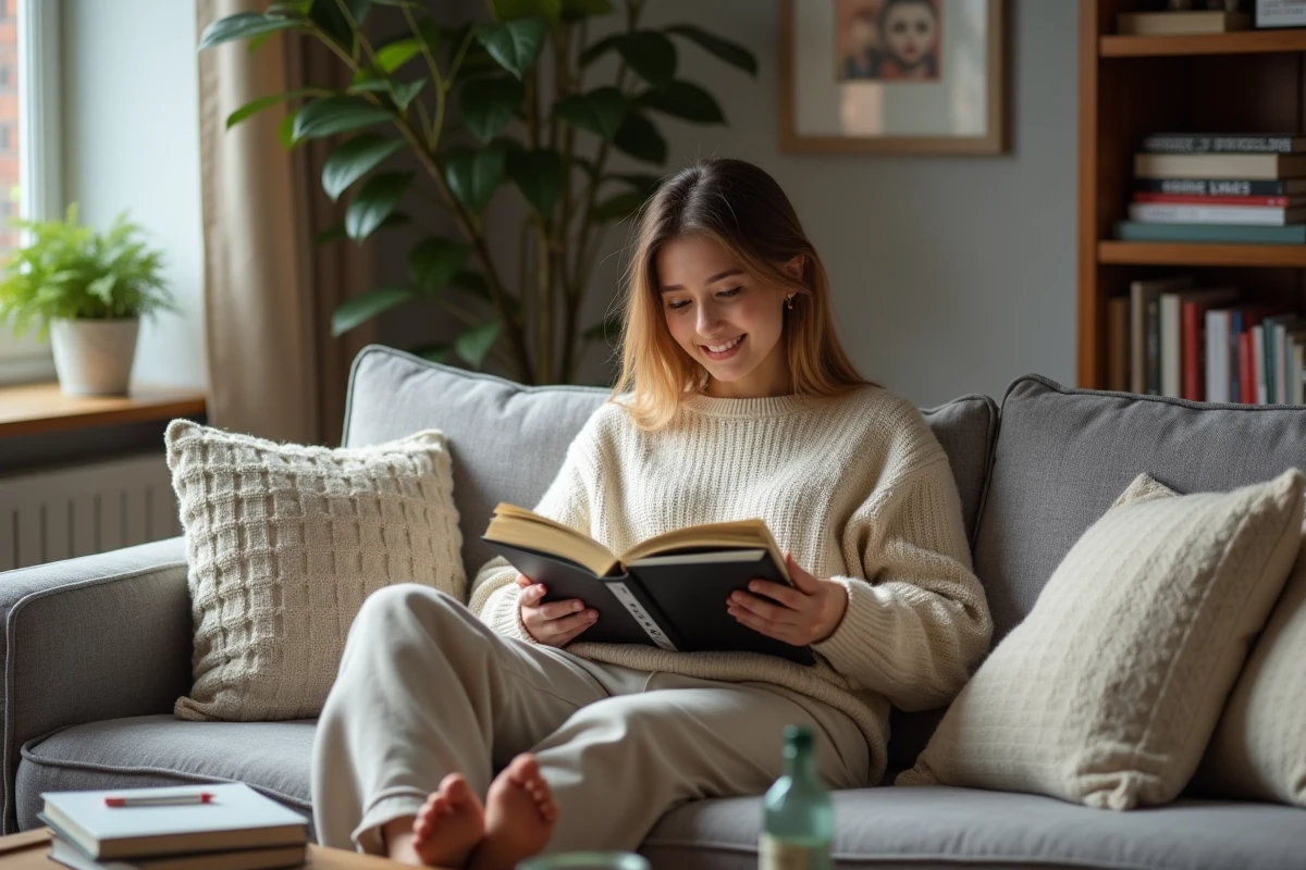 Femme souriante feuilletant des romans graphiques dans un salon lumineux