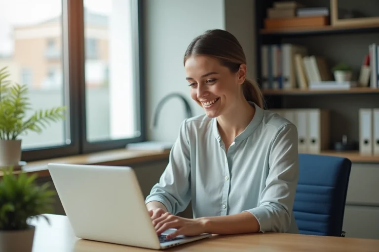 Jeune femme souriante en bureau pour article remerciements