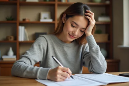 Femme concentrée résolvant une grille de mots croisés CodyCross dans un carnet de puzzles posé sur un bureau en bois