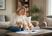 Femme d'âge moyen avec chien golden retriever lisant documents