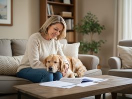 Tout savoir sur les contrats d’assurance animaux : que couvre-t-on en 2025 ? Femme d'âge moyen avec chien golden retriever lisant documents