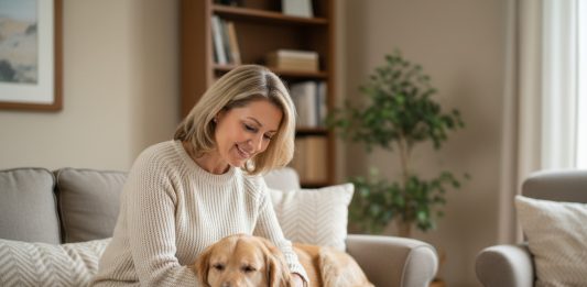 Femme d'âge moyen avec chien golden retriever lisant documents