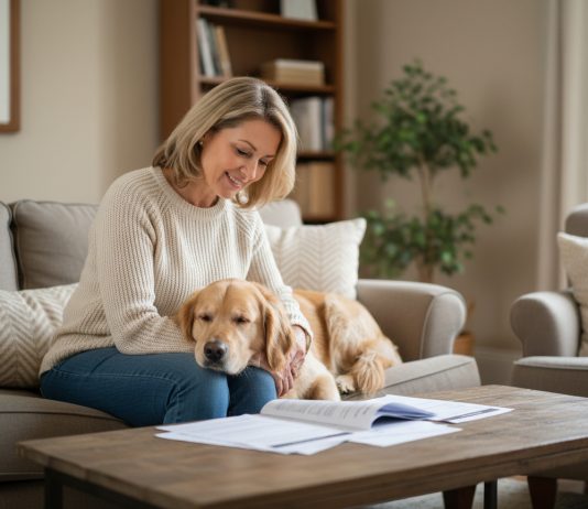 Femme d'âge moyen avec chien golden retriever lisant documents