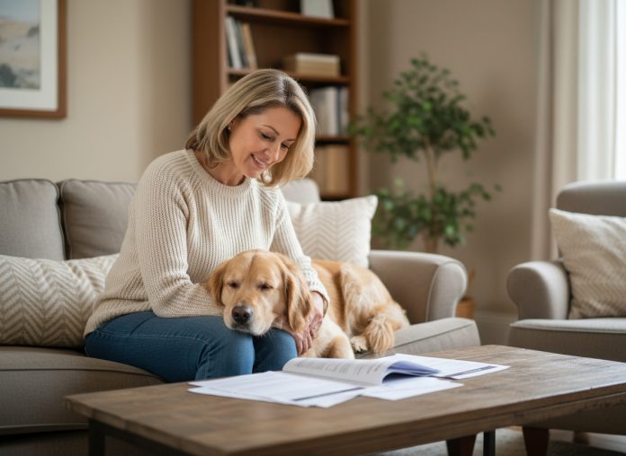 Femme d'âge moyen avec chien golden retriever lisant documents