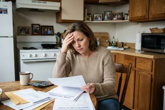 Femme d'âge moyen examine des documents d'assurance à la maison