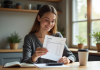 Jeune femme examine sa fiche de paie dans la cuisine