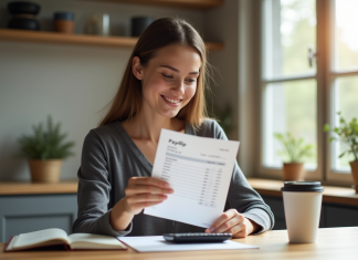 Jeune femme examine sa fiche de paie dans la cuisine