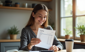 Jeune femme examine sa fiche de paie dans la cuisine