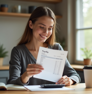 Jeune femme examine sa fiche de paie dans la cuisine