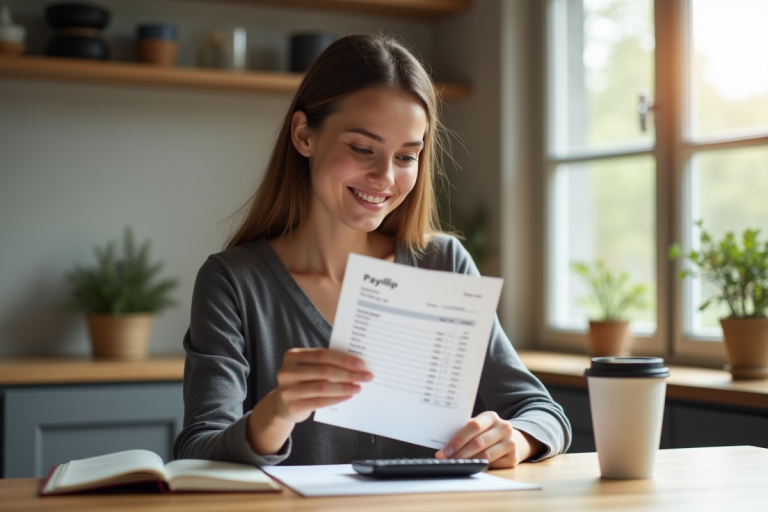 Jeune femme examine sa fiche de paie dans la cuisine